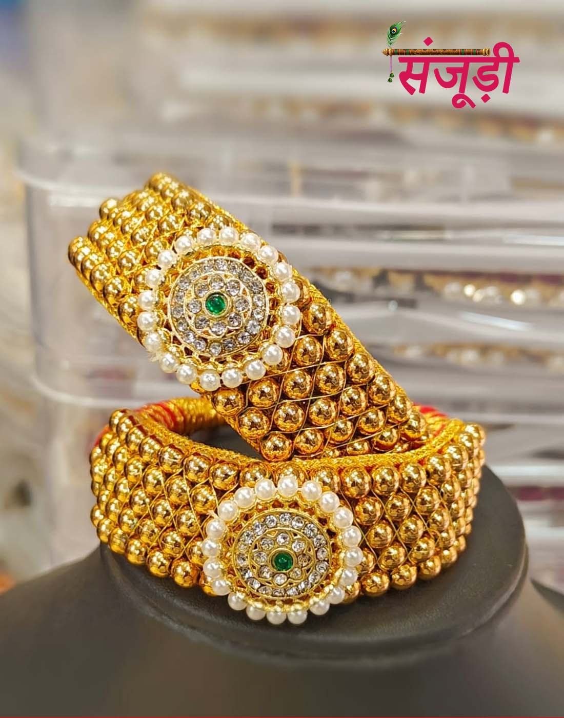 Rajputi Golden Puncha with Single Green Pendant