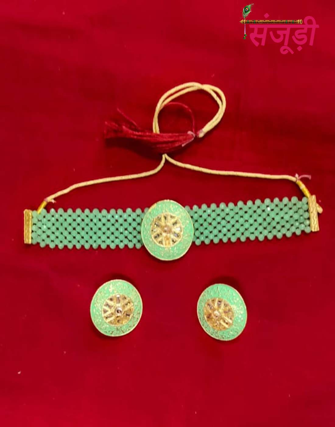 Rajputi Choker Set with Mint Green Pearls Chatai Work