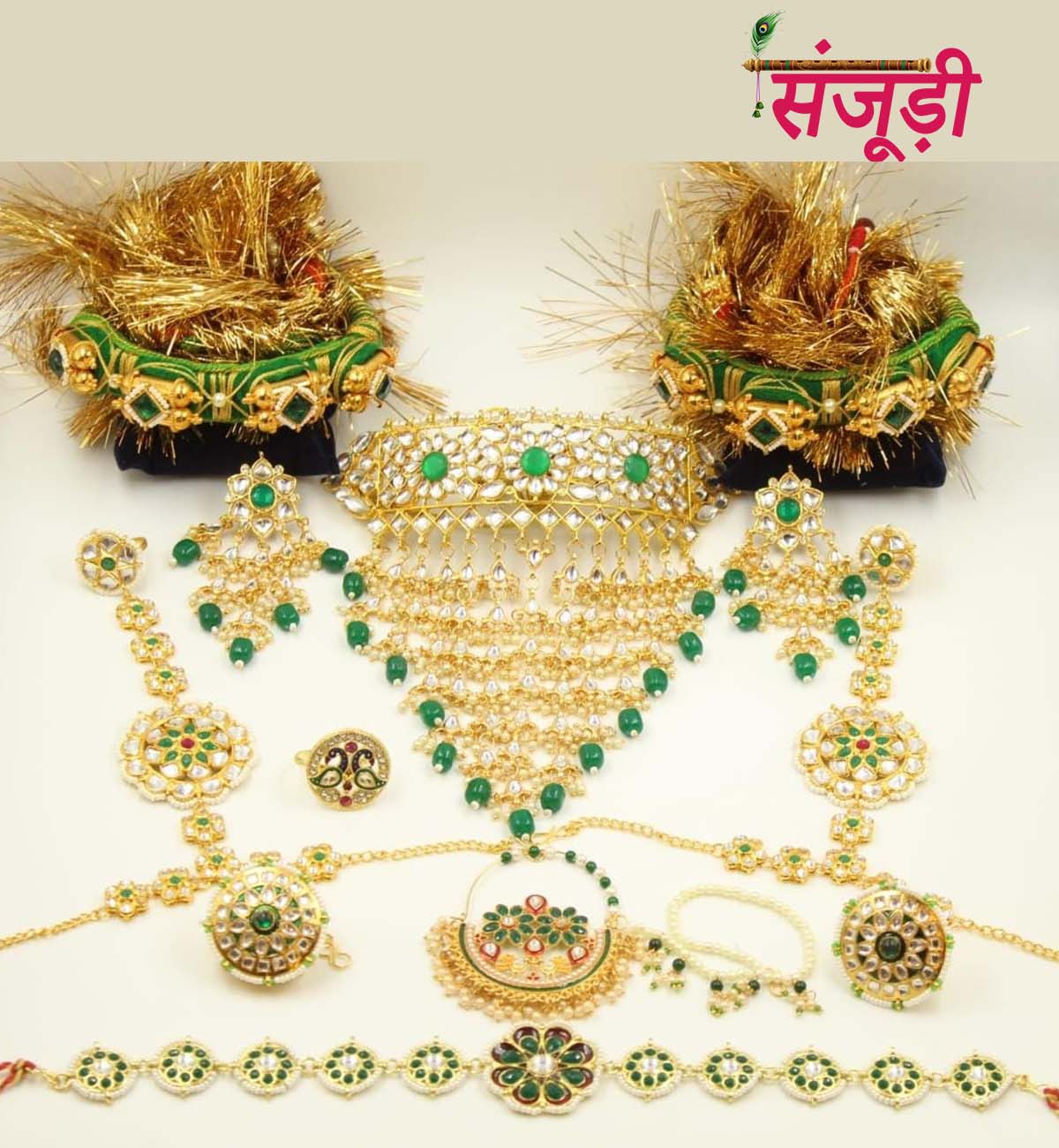 Rajwadi Jewellery Combo Set in Green Colour