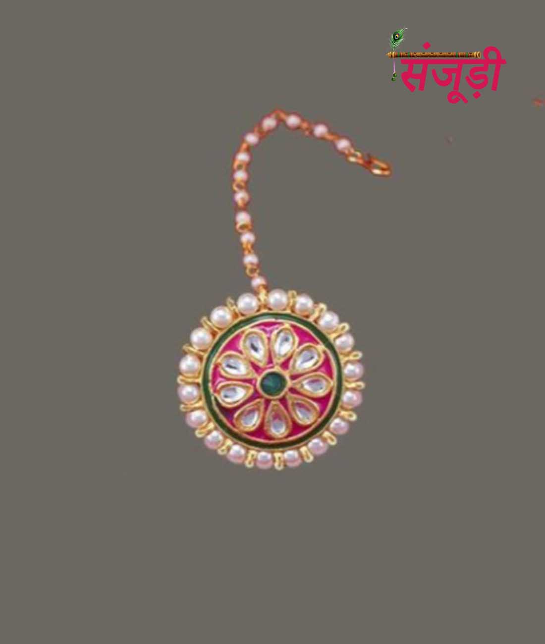 Rajputi Borla with Pink Meena Work and White Stones 