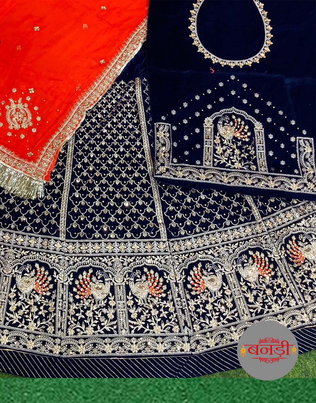 Velvet Poshak in Dark Blue Color with Hamrahi Orange Odhani