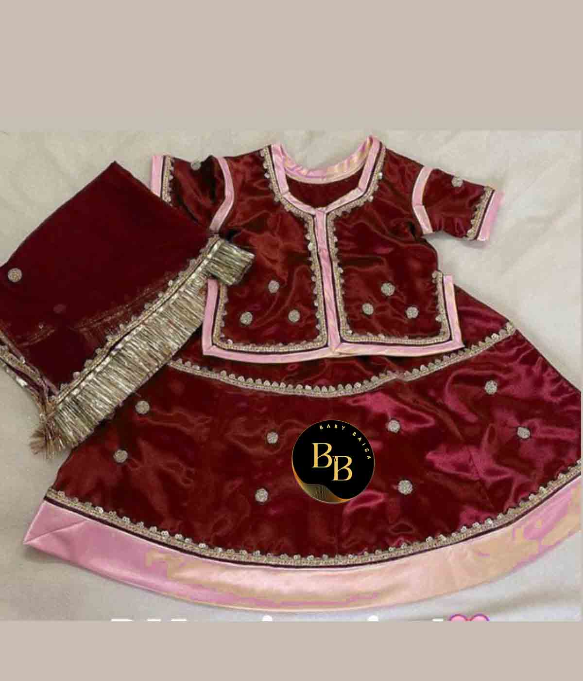Stitched Girls Poshak in Maroon and PInk Color