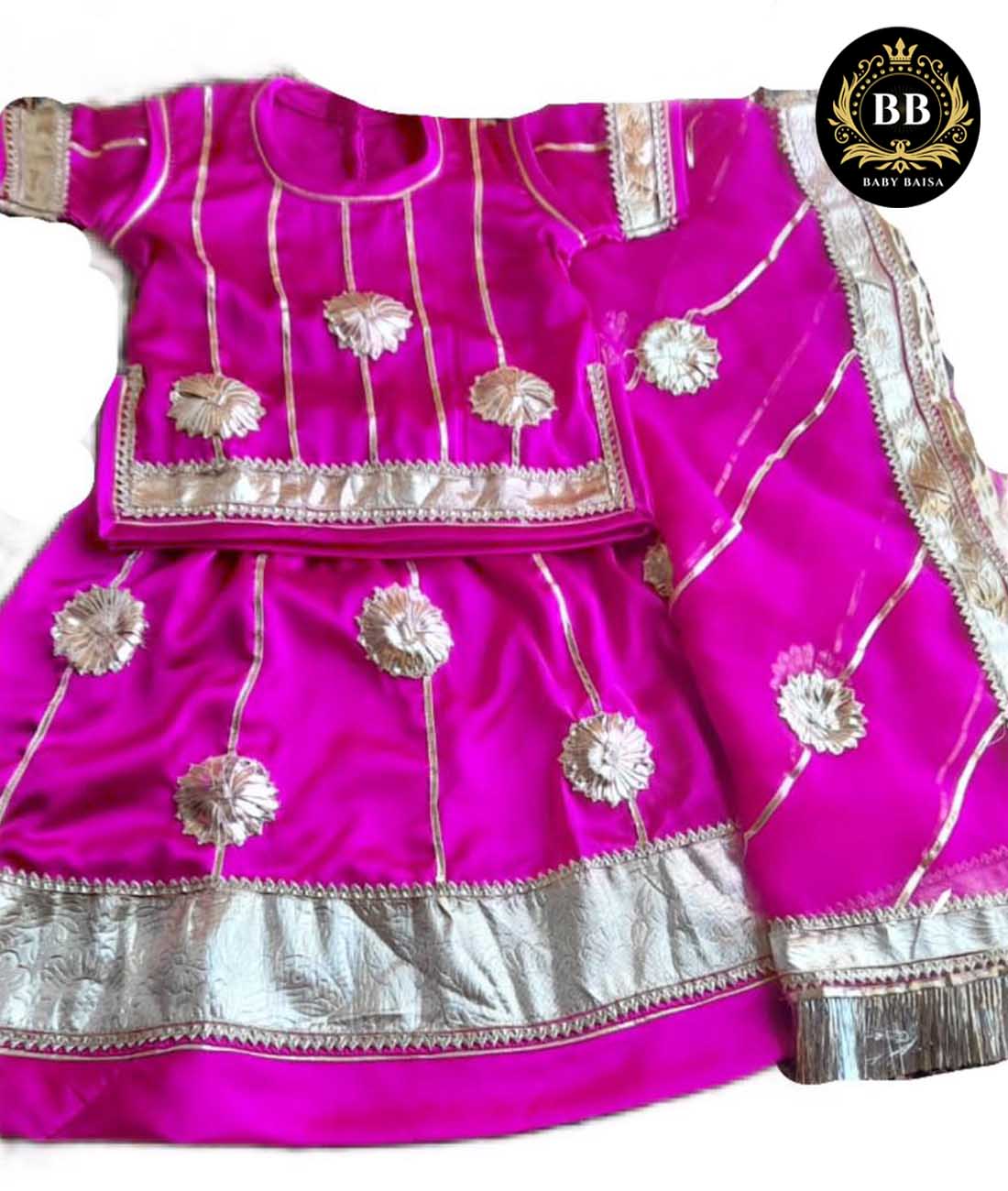 Baby Poshak in Pink with Silver Gota Lace Work 