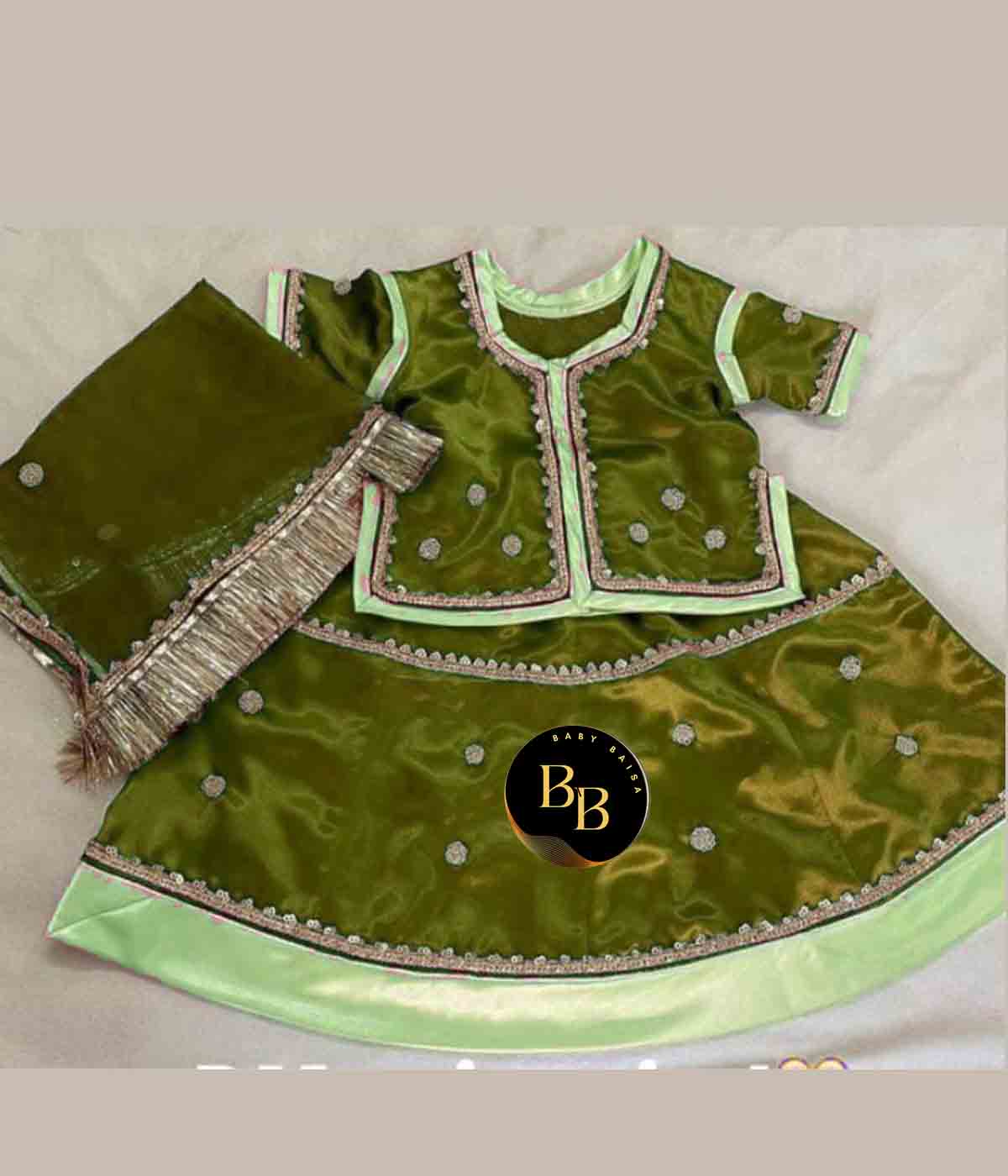 Stitched Girls Poshak with Mehandi and Light Green Color 
