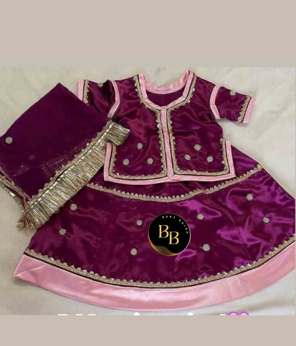 Girls Poshak in Rani and Pink Color with Stitching