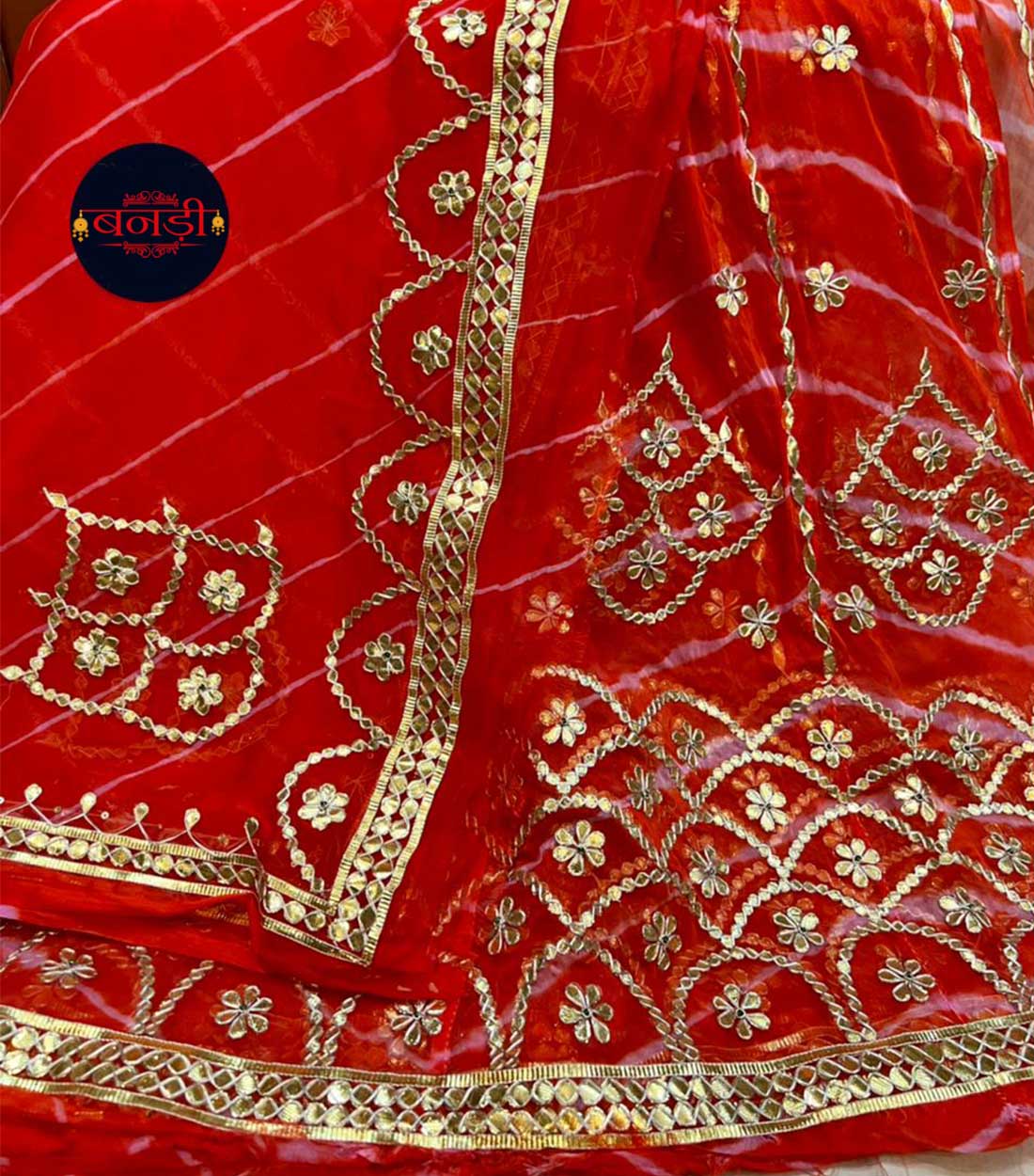 Red Lehariya Poshak with Pahadi Design and Gota Patti Work