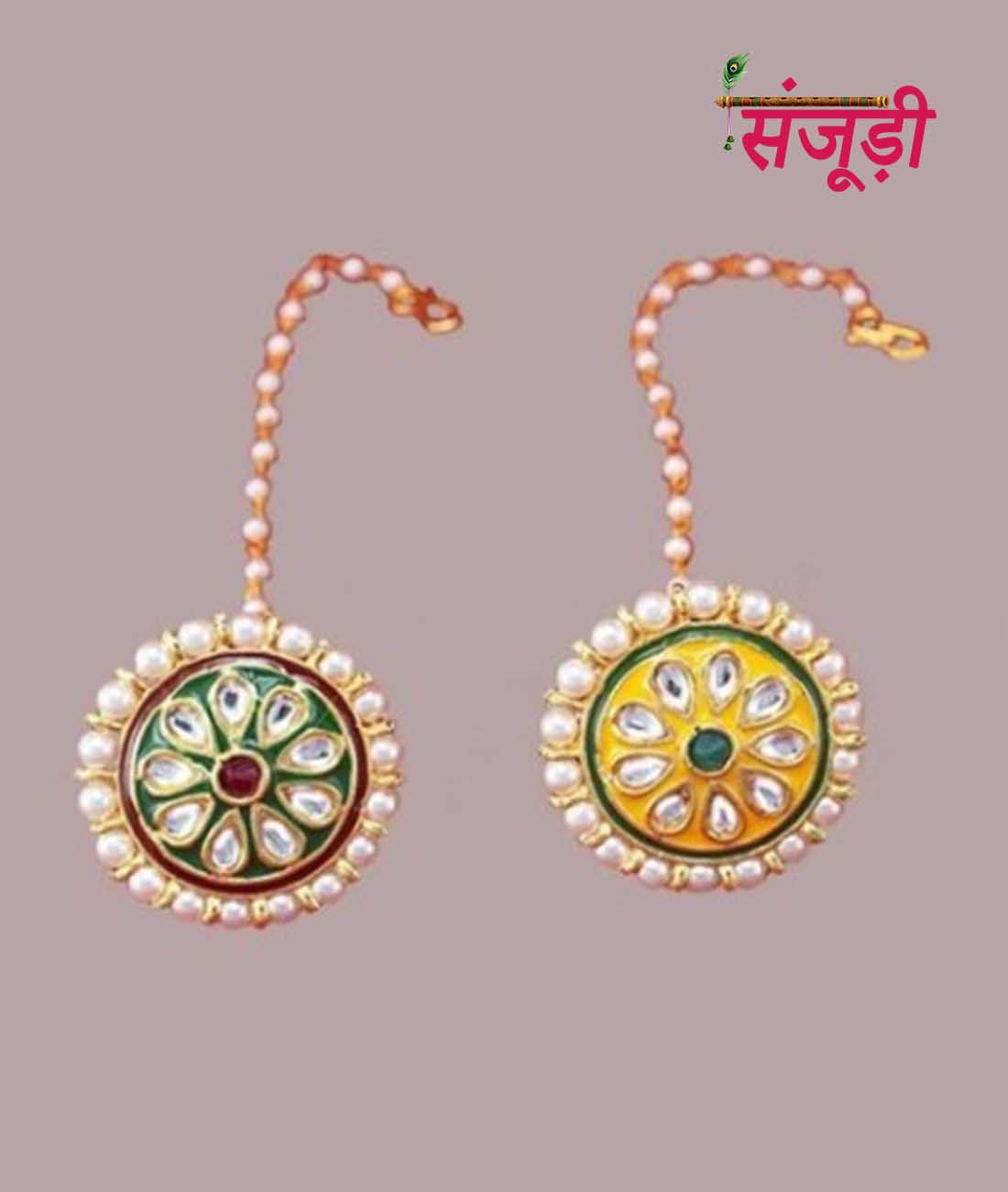 Rajputi Borla Combo Set with Green and Yellow Meena Work