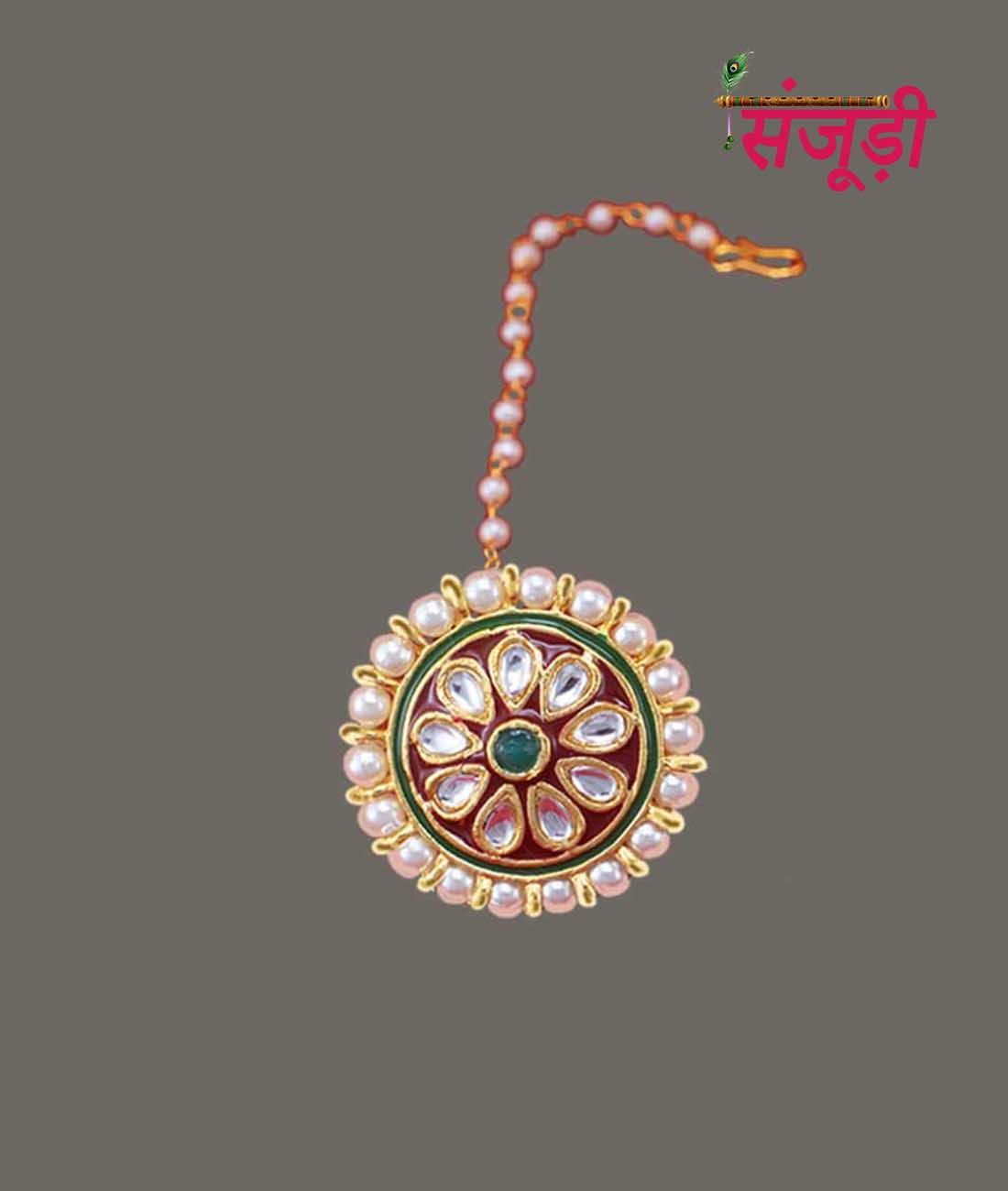 Rajputi Borla in Maroon Color Meena Work and with White Stones