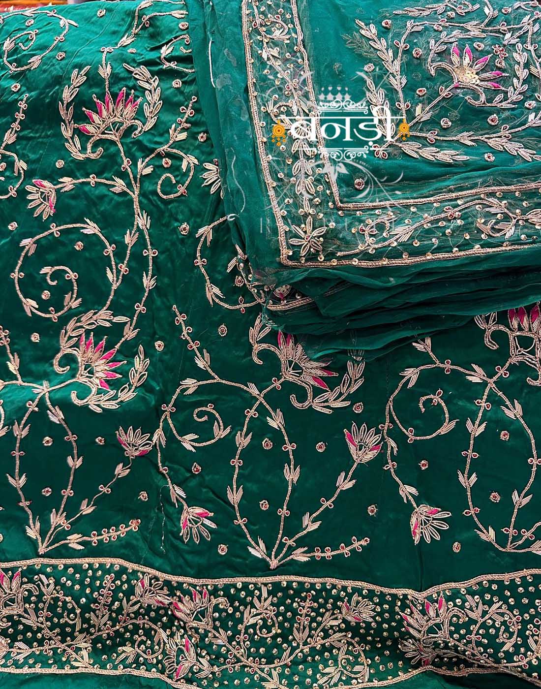 Heavy Work Poshak in Rama Green Color on Bember Satin