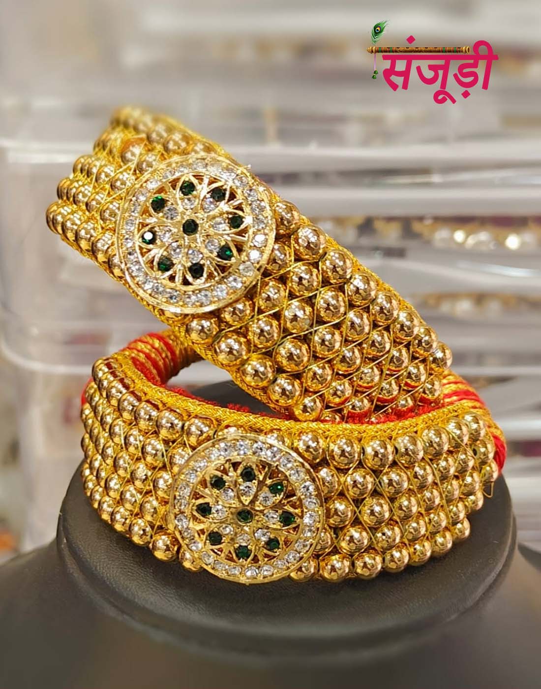 Rajasthani Golden Puncha with Single Green Pendant