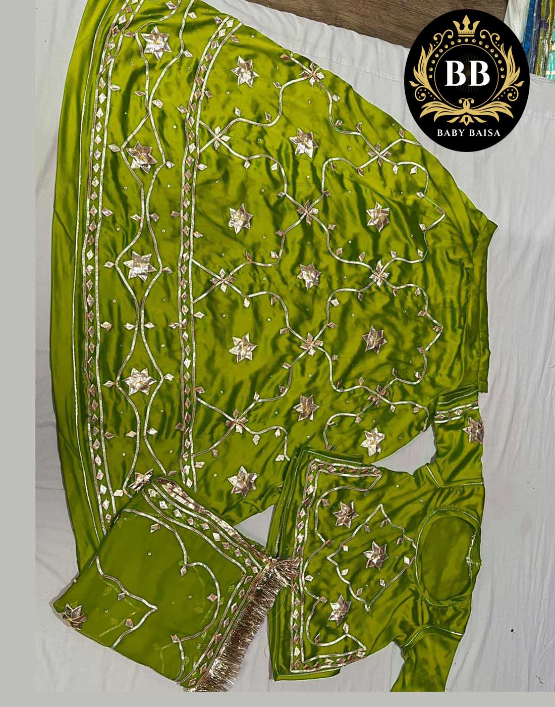 Enchanting Elegance: Mehandi Green Satin Poshak with Gota Patti Jaal Work