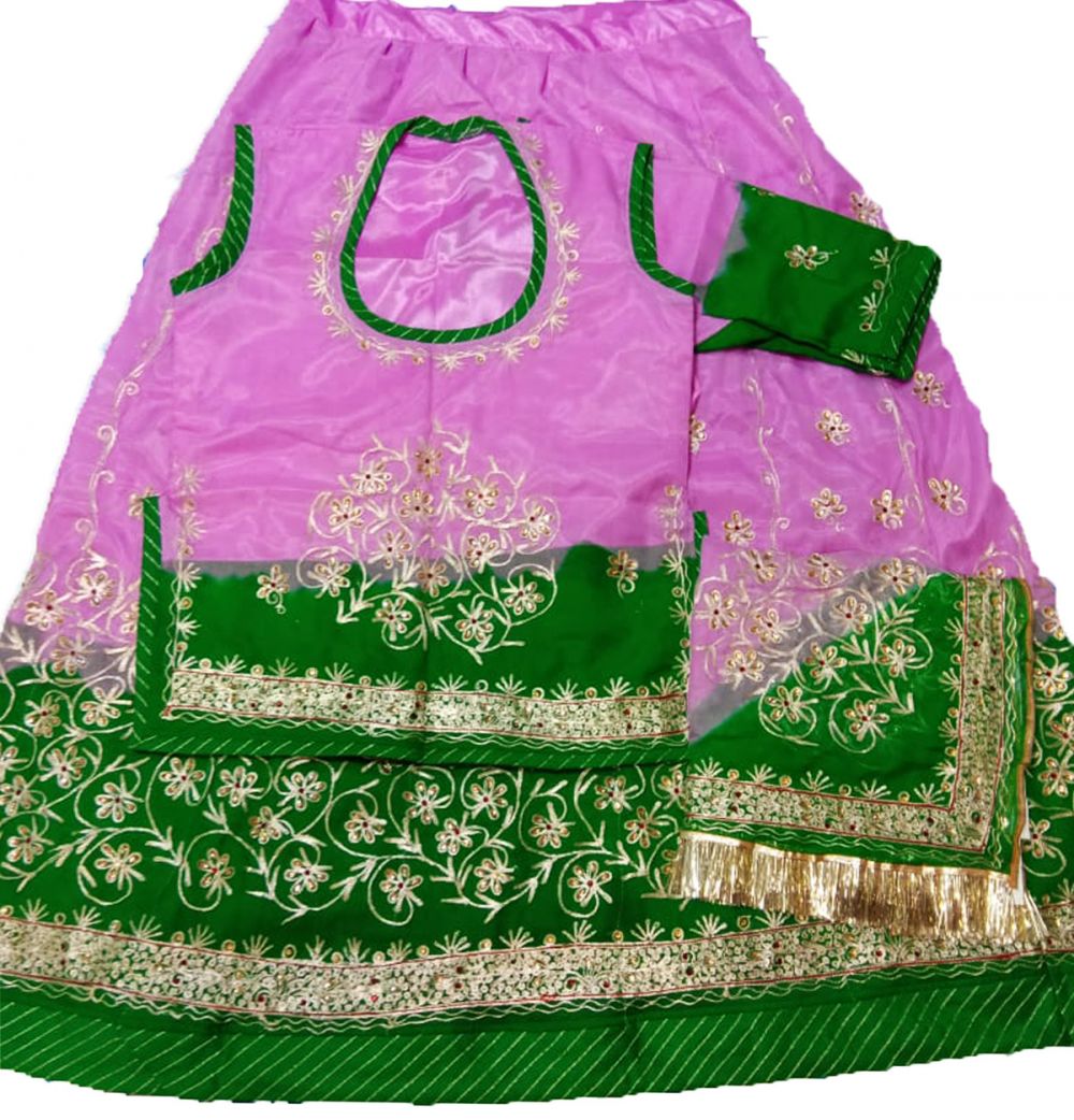 Rajputi Poshak in Pink and Green Color with Golden Zari Work