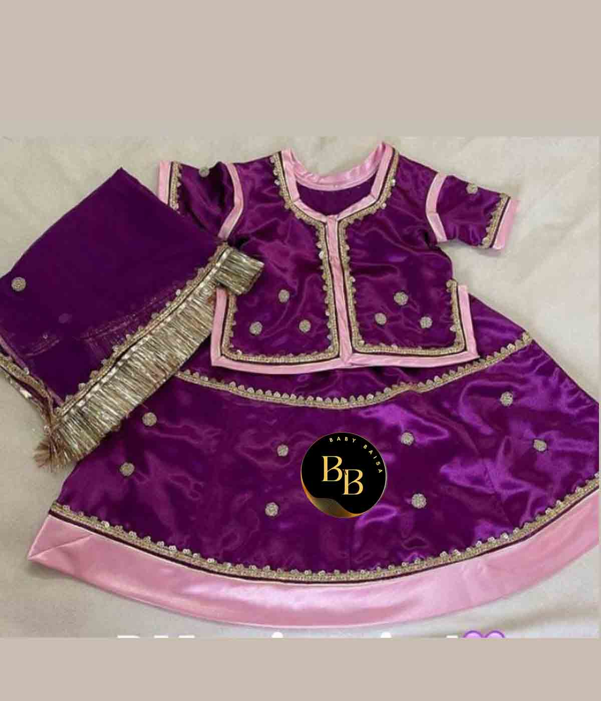 Girls Rajupti Poshak in Purple and PInk Color With Stitching
