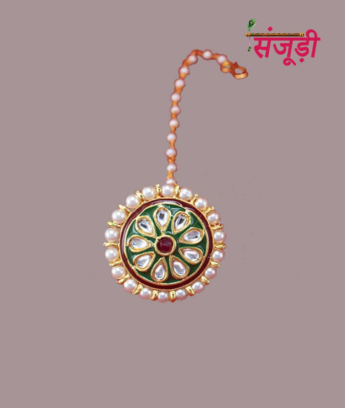 Green Meena Borla with White and Red Stones