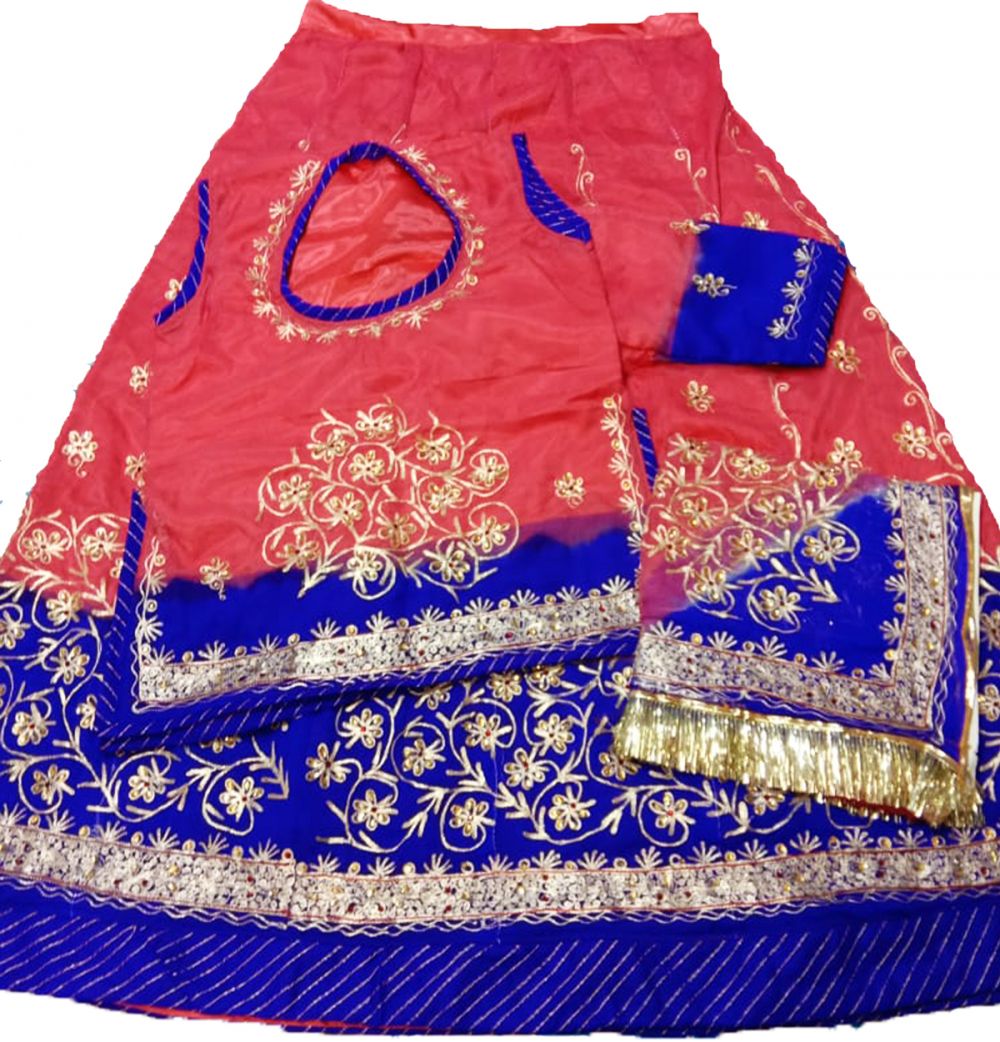 Rajputi Poshak in Peach Red and Blue with Zari Work