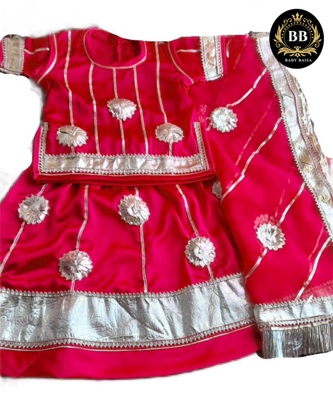 Baby Poshak in Rani Color with Silver Gota Lace Work 