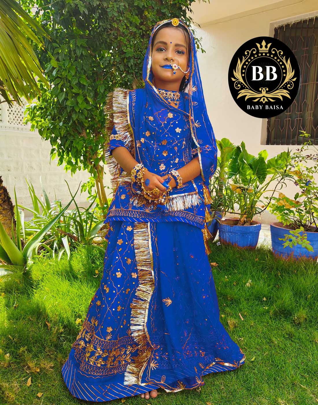 Rajputi Stitched Poshak for Girls in Blue Color