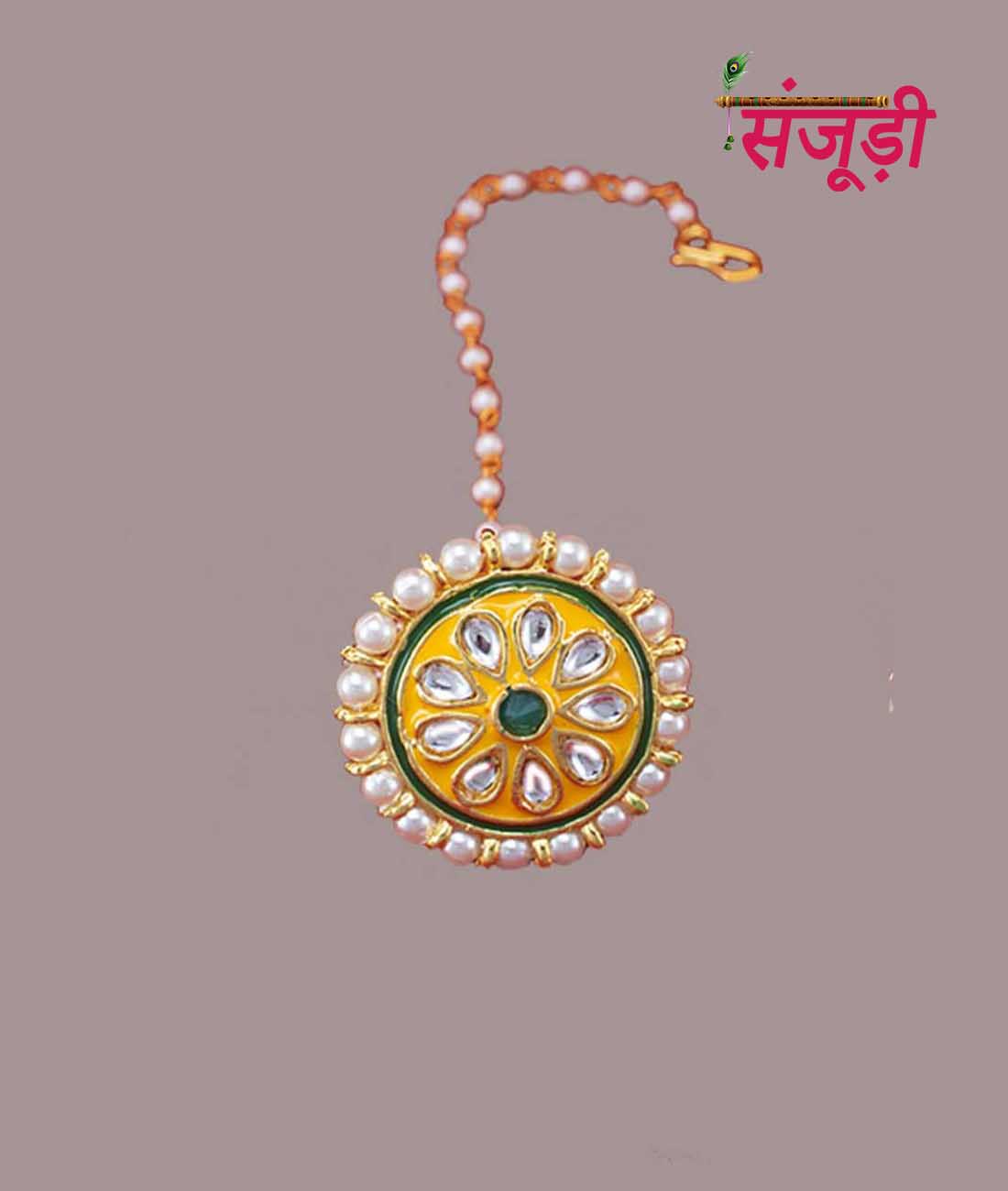 Rajputi Borla with Yellow and Green Meena Work