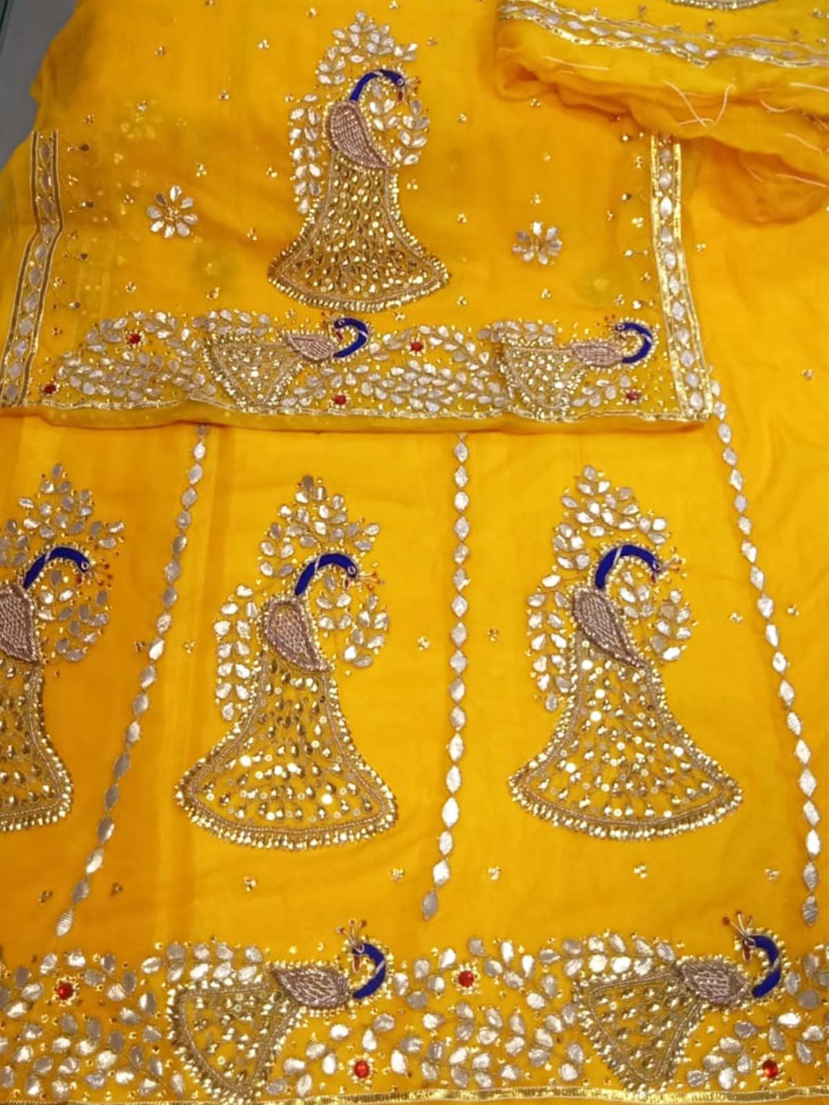 Peacock Design Mangoo Yellow Poshak with Kundan Dabka and Gota Patti