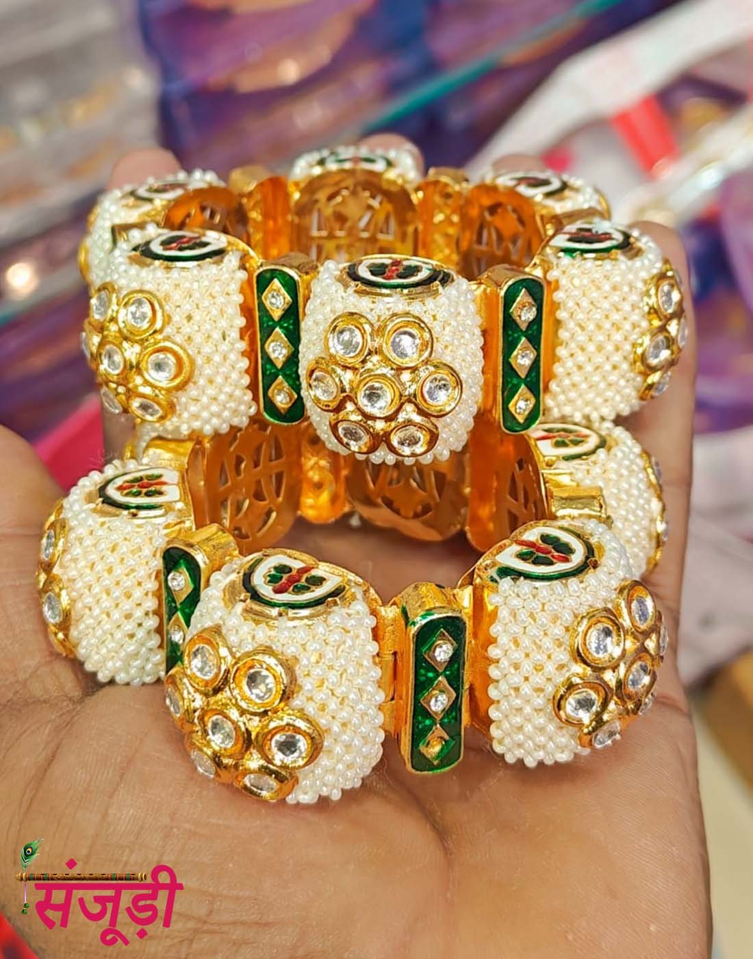 Rajputi Kangan with White Cheeda (Pearl) and Kundan (Green)