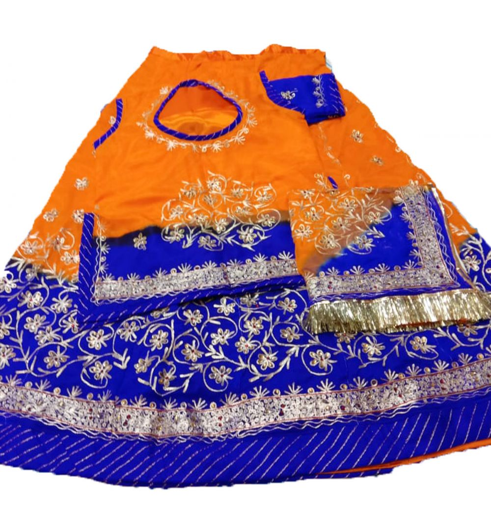 Orange and Blue Shaded Rajputi Poshak with Golden Embroidery Work