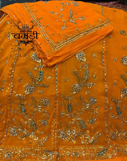 yellow jardoshi work poshak with humrahi pure fabric